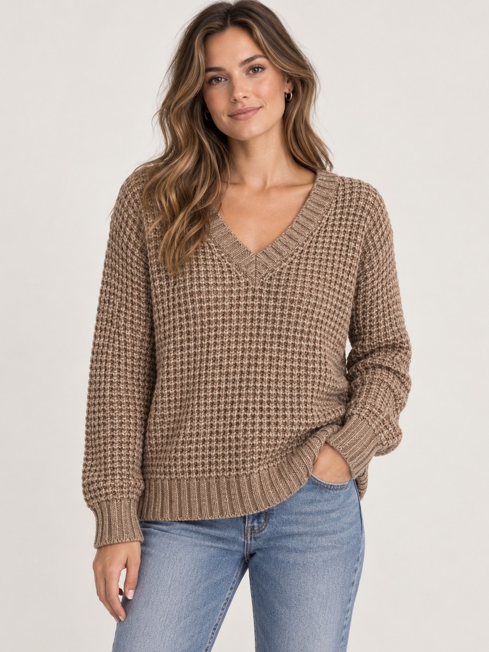 American Eagle Outfitters Taupe Waffle-Knit V-Neck Sweater small